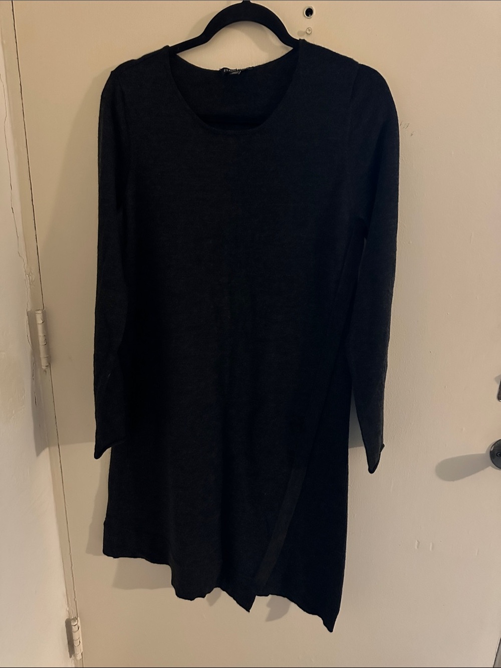 Eileen Fisher Black Shift Dress Knit Stretch Asym Hem Crew Neck Long Sleeve M